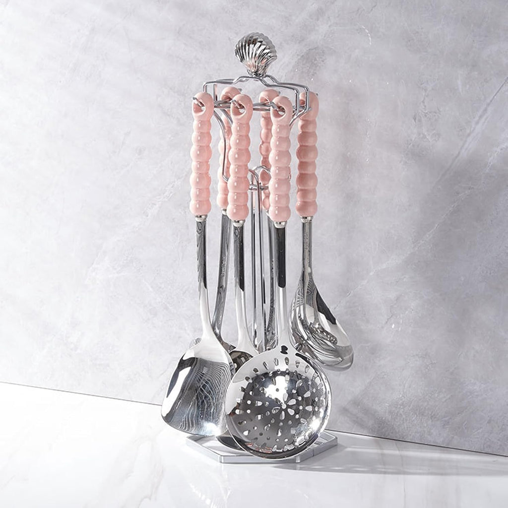 Stainless Steel Kitchenware Seven Pieces Set with Hanging Holder Ceramic Handle Kitchenware Cooking Utensils Set Dishwasher Safe Metal Kitchen Utensils Set,Pink