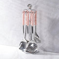 Cooking Utensils Set 7 Pcs with Hanging Shelf Stainless Steel Kitchenware Cookware Set with Ceramic Handle Include Slotted Spoon Slotted Spatula Large Spoon Soup Ladle Spatula Pasta Spoon, Pink