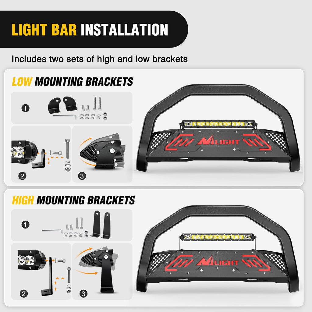 Nilight Bull Bar with Light fits 2003-2008 Honda Pilot, 2006-2015 Honda Ridgeline, 2001-2006 Acura MDX Front Bumper Grille Brush Push Guard with Skid Plate Licence Plate Hole Black