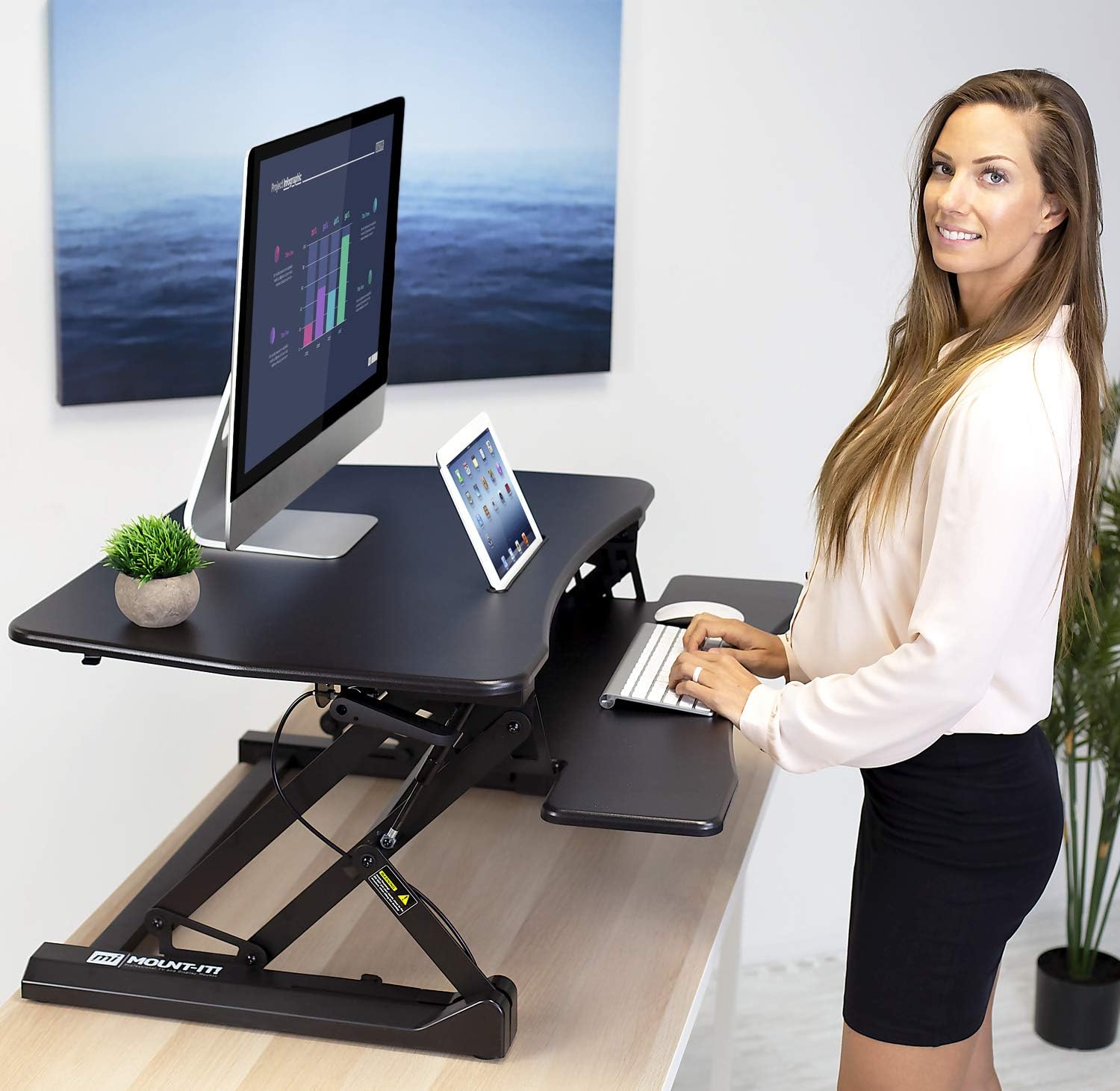 Mount-It! 35.5' Standing Desk Converter with Keyboard Tray – Adjustable Sit Stand Desk Riser for Dual Monitors – Dual Gas Spring Height Adjustable Desktop Workstation Topper – Black