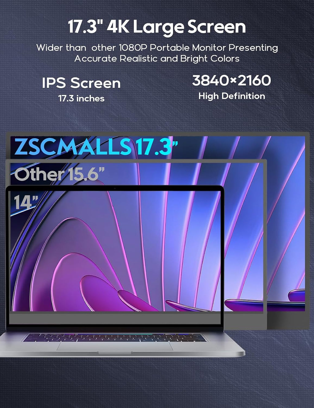 ZSCMALLS 17.3'' 4K Touch Portable Monitor for Laptop, 3840P×2160P Touch Screen with HDR, 100% sRGB 1500:1, Ultra Slim & Eye Care,Travel Monitor External for Laptop, Mac, PC, PS5, Xbox
