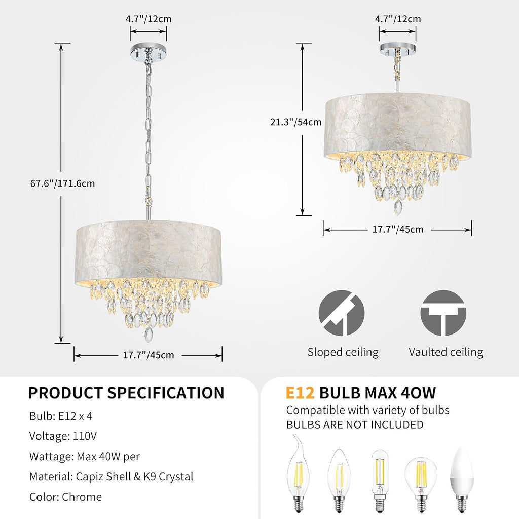 4-Light Drum Capiz Shell K9 Crystal Chandelier, Coastal Style Pendant Light Fixture for Dining Room, Living Room, D17.7 x H21~68 inch (Adjustable), Clear Crystal & Chrome Finish