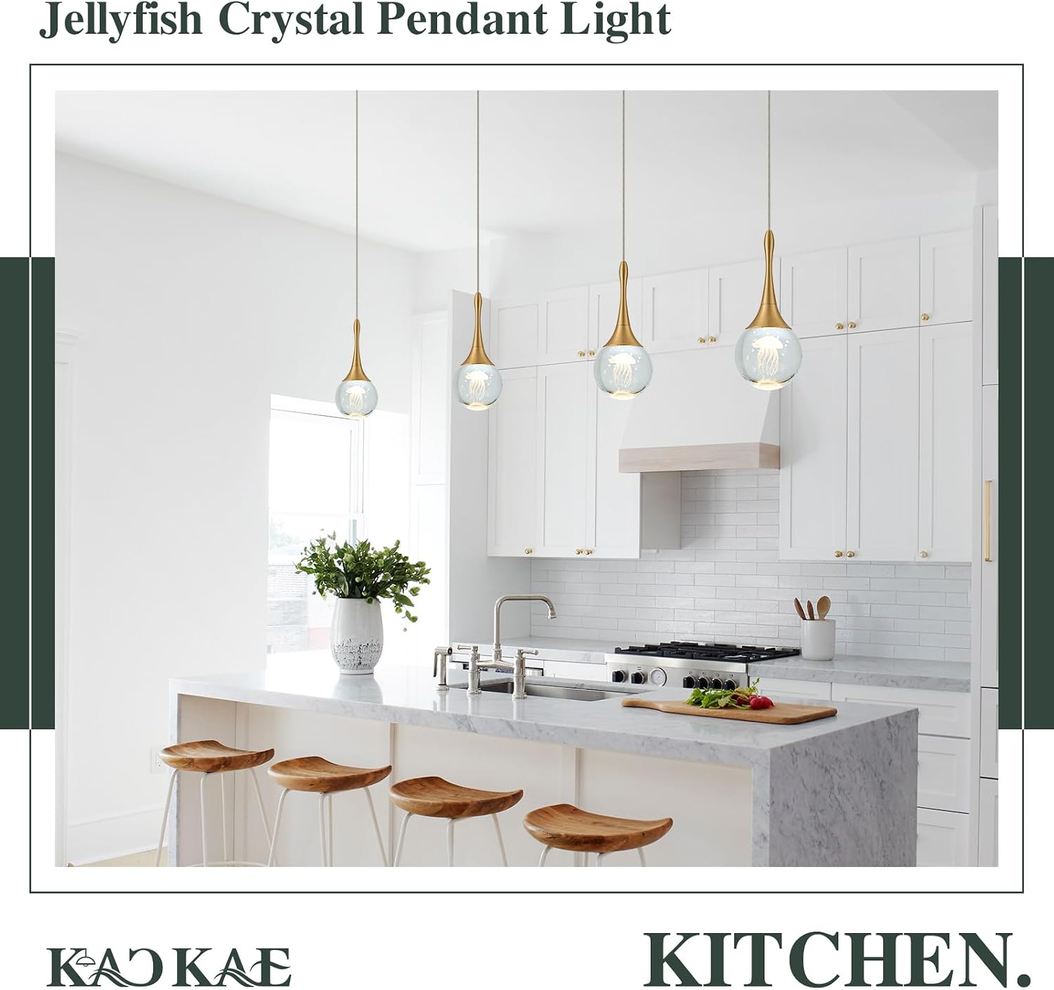 LED Pendant Light Kitchen Island Jellyfish Crystal Pendant Lights Dimmable Gold Modern Hanging Light for Bedroom Bathroom Living Room 3000K Warm White, 3 Pack