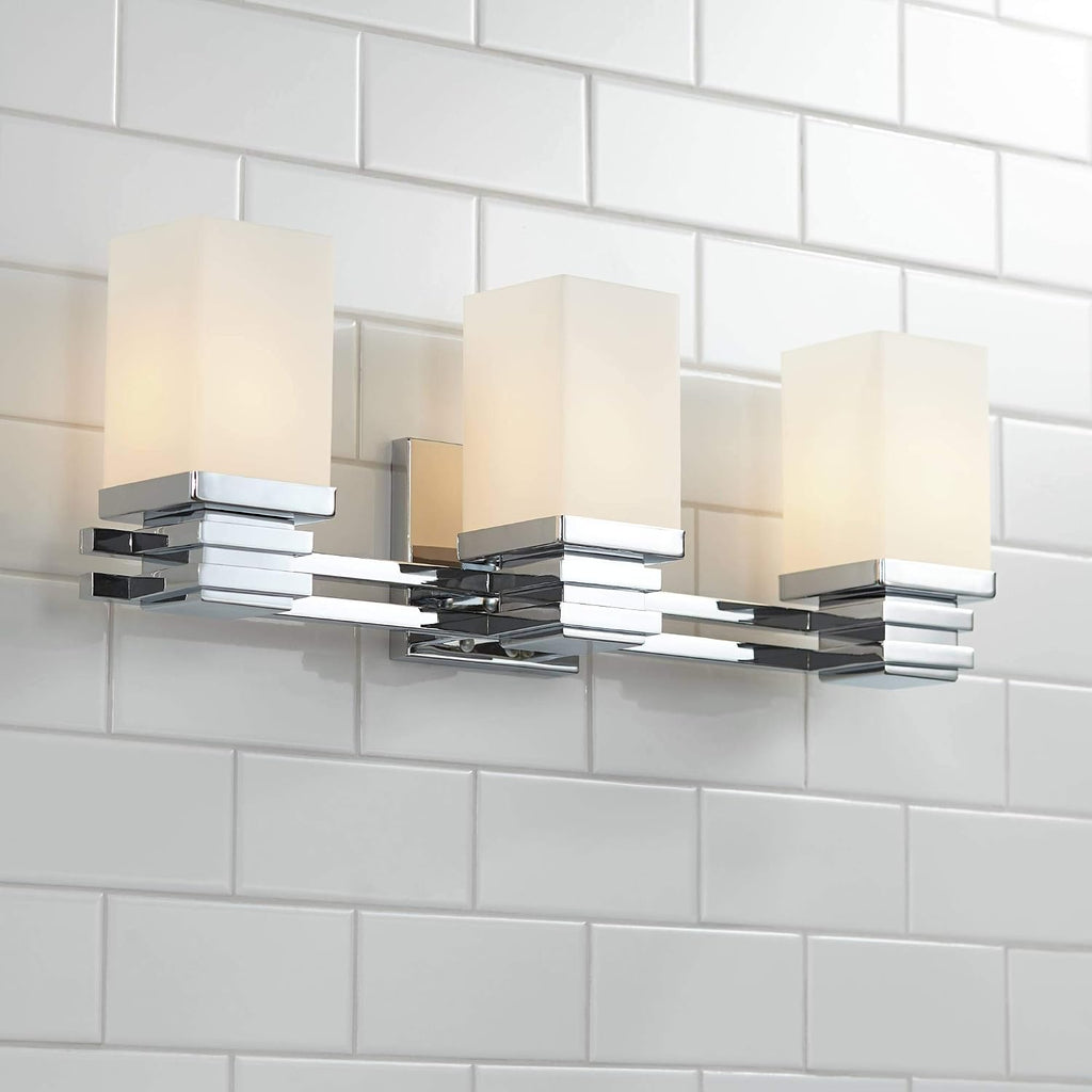Possini Euro Design Bennett Modern Wall Light Chrome Silver Hardwired 22' Wide 3-Light Fixture Mounted Etched White Opal Glass Rectangular Shade Bathroom Vanity Mirror House Home Hallway Room Decor