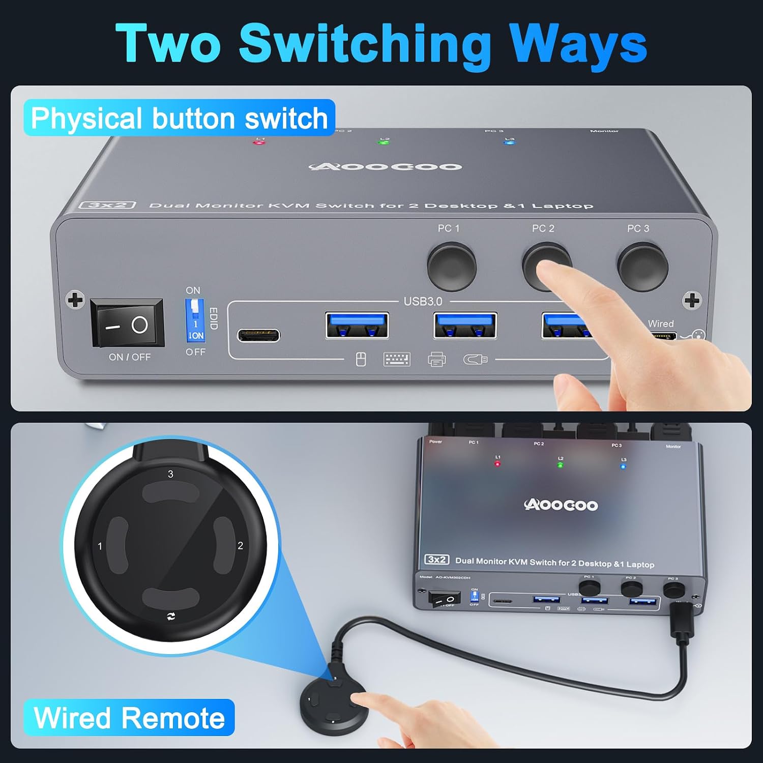 USB C KVM Switch 4K@60Hz,Dual Monitor USB C HDMI DP KVM Switch for 2 PC and 1 Laptop Sharing 2 Monitor and 4 USB3.0 Devices, PD Power for Laptop with Wired Remote Control and USB Cables, Grey 14cm