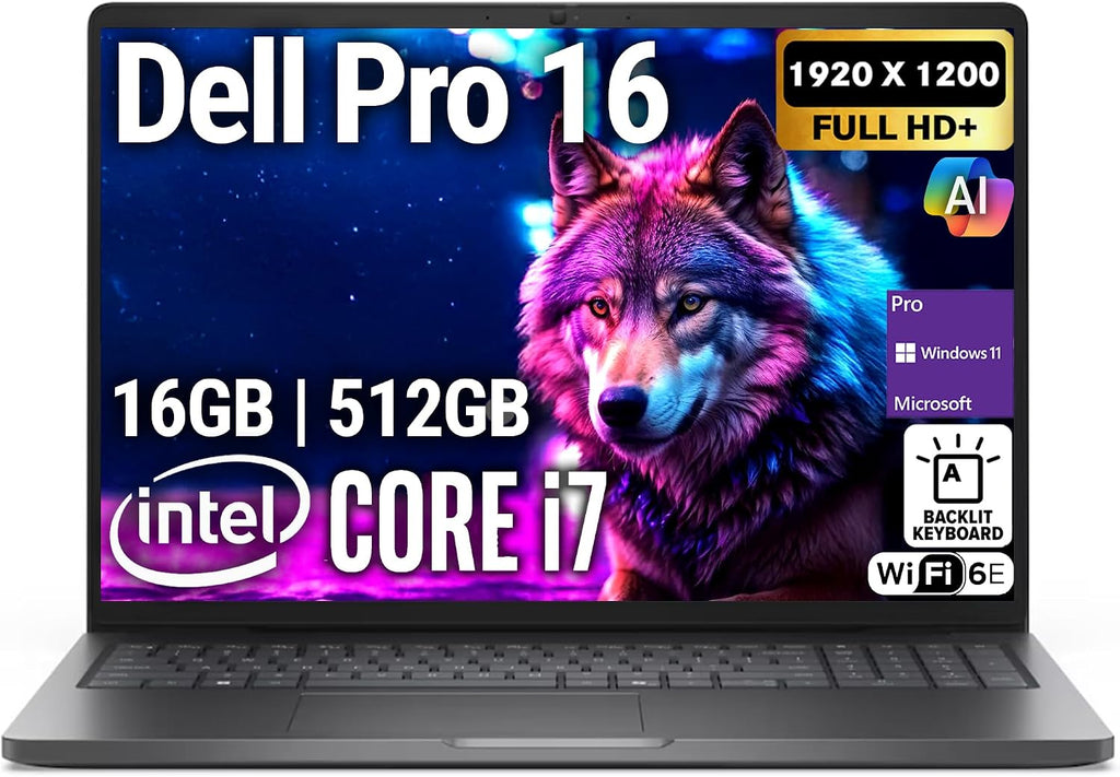 Dell Pro 16 (Replaces Latitude 3550) 16' WUXGA Display Business Laptop, Intel i7-150U, 16GB DDR5 RAM, 512GB SSD PCIe, WiFi 6E + BT, RJ-45, Backlit Keyboard, HD Webcam, Windows 11 Pro - Black