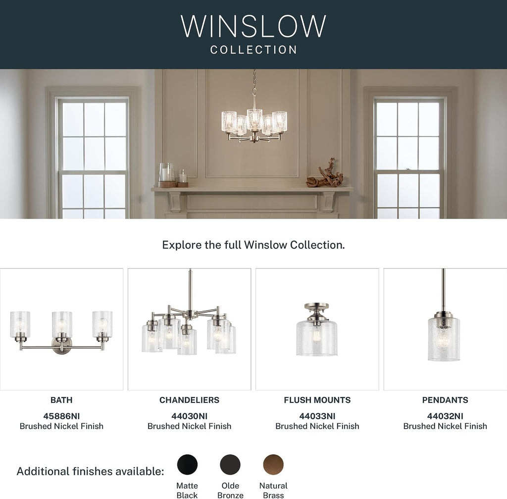 Kichler Winslow 30' Vanity Light in Brushed Nickel, 4-Light Transitional Bathroom Light with Clear Seeded Glass. (30' W x 9.25' H), 45887NI