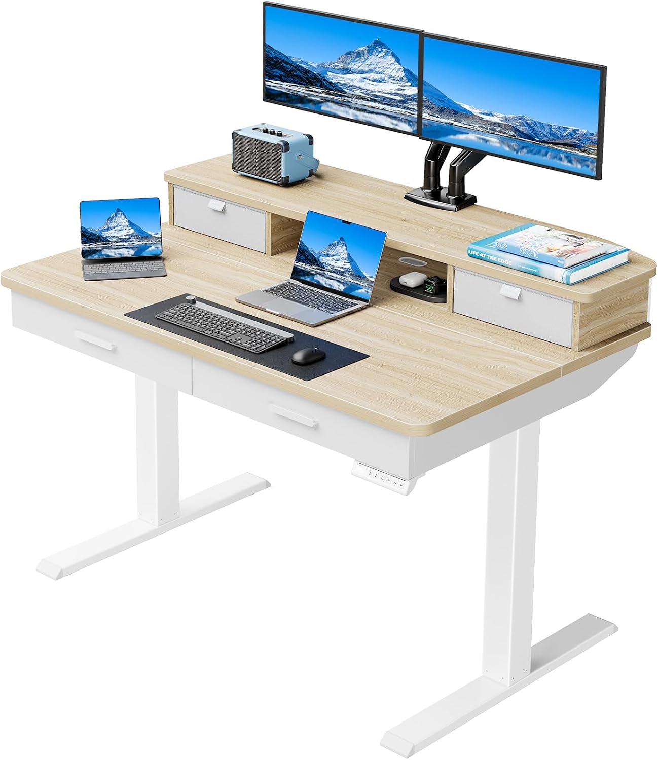 HUANUO 48 x 30 inch Electric Standing Desk with 4 Drawers, Adjustable Height Sit Stand Home Office Desk with Two Tiers, Ergonomic Adjustable Stand up Desk C-Clamp Monitor Mount Compatible, Natural