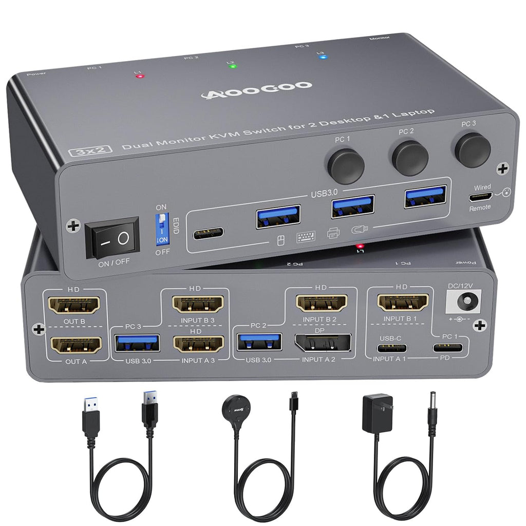 USB C KVM Switch 4K@60Hz,Dual Monitor USB C HDMI DP KVM Switch for 2 PC and 1 Laptop Sharing 2 Monitor and 4 USB3.0 Devices, PD Power for Laptop with Wired Remote Control and USB Cables, Grey 14cm