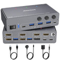 USB C KVM Switch 4K@60Hz,Dual Monitor USB C HDMI DP KVM Switch for 2 PC and 1 Laptop Sharing 2 Monitor and 4 USB3.0 Devices, PD Power for Laptop with Wired Remote Control and USB Cables, Grey 14cm
