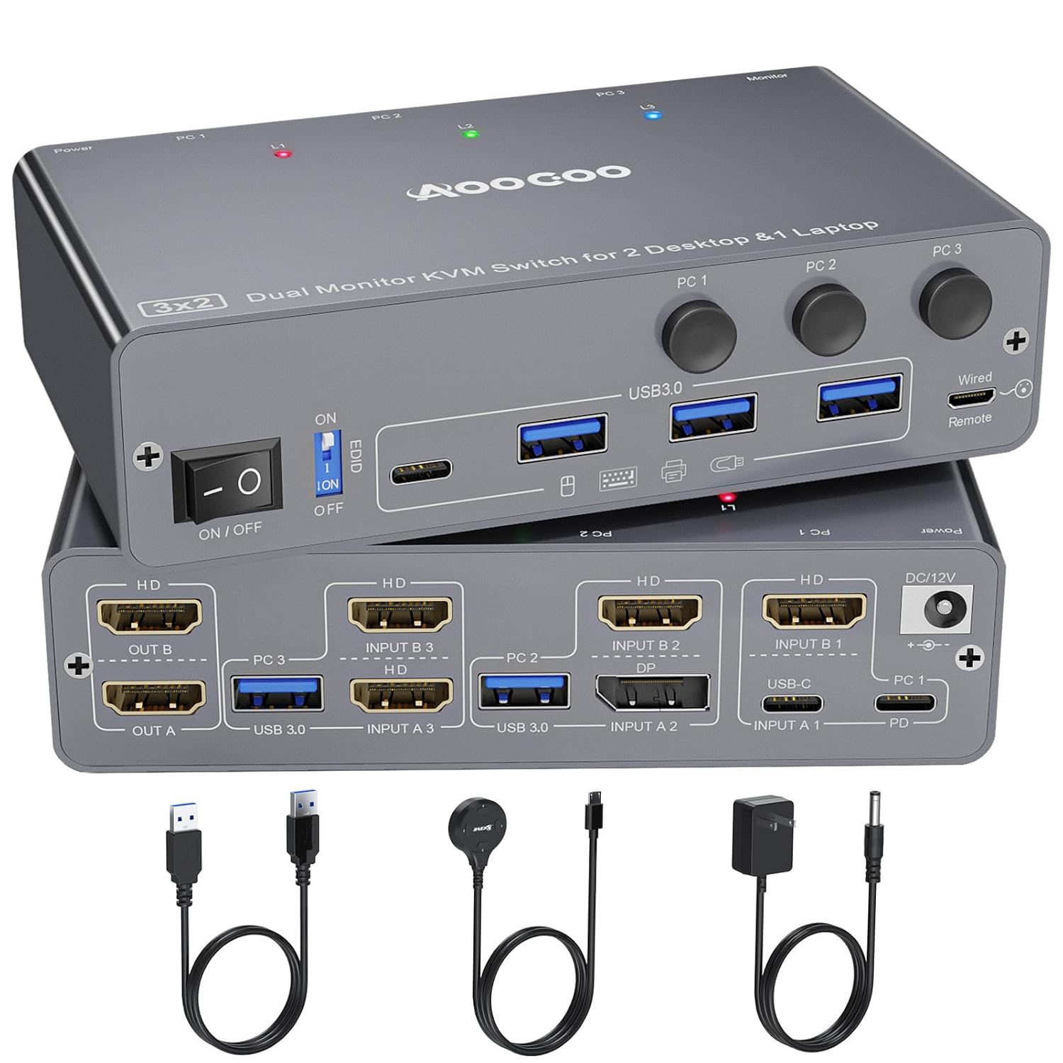 USB C KVM Switch 4K@60Hz,Dual Monitor USB C HDMI DP KVM Switch for 2 PC and 1 Laptop Sharing 2 Monitor and 4 USB3.0 Devices, PD Power for Laptop with Wired Remote Control and USB Cables, Grey 14cm