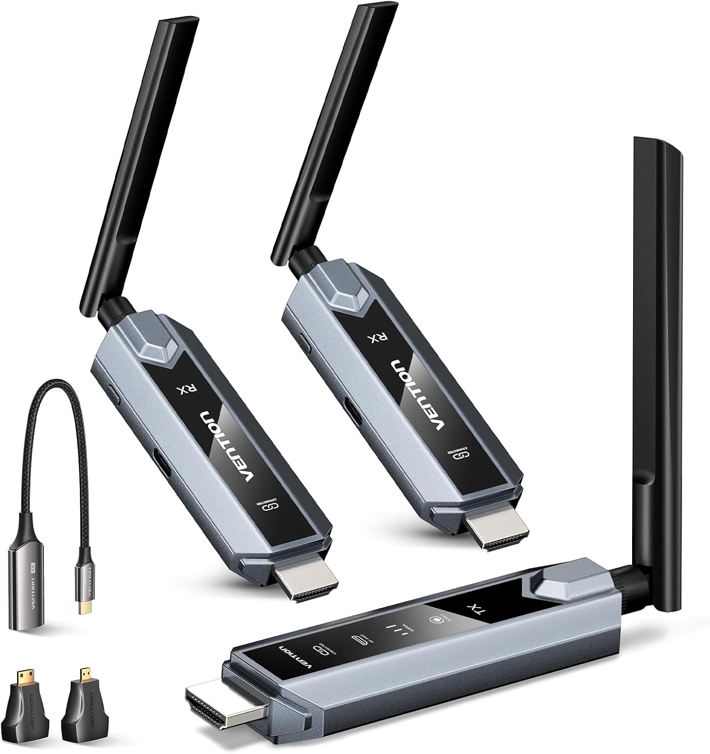 VENTION Wireless HDMI Transmitter and Receiver 656FT with LED Screen, Up to 6 RXs, Heat-Control, Plug & Play Wireless HDMI Extender Kit 4K Decode to Monitor from PC/Projector/TV Box(1TX+2RX)