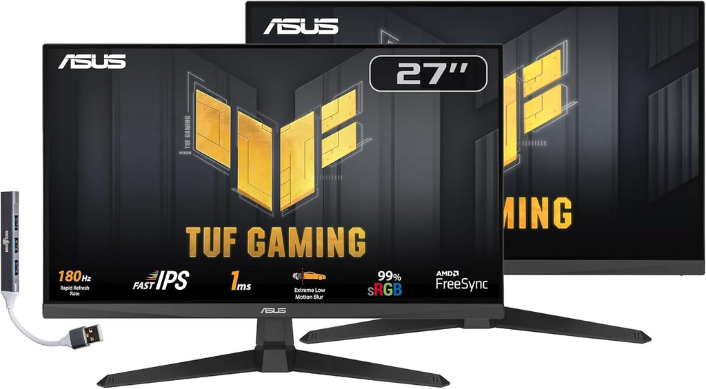 ASUS TUF Gaming 27' FHD IPS Monitor with 1ms Response Time, 180Hz Refresh Rate, Anti Glare, Flicker Free, VESA Mount (100mm), Displayport, HDMI & Dockztorm USB Port Expander, Black (VG279Q3A) 2 Pack