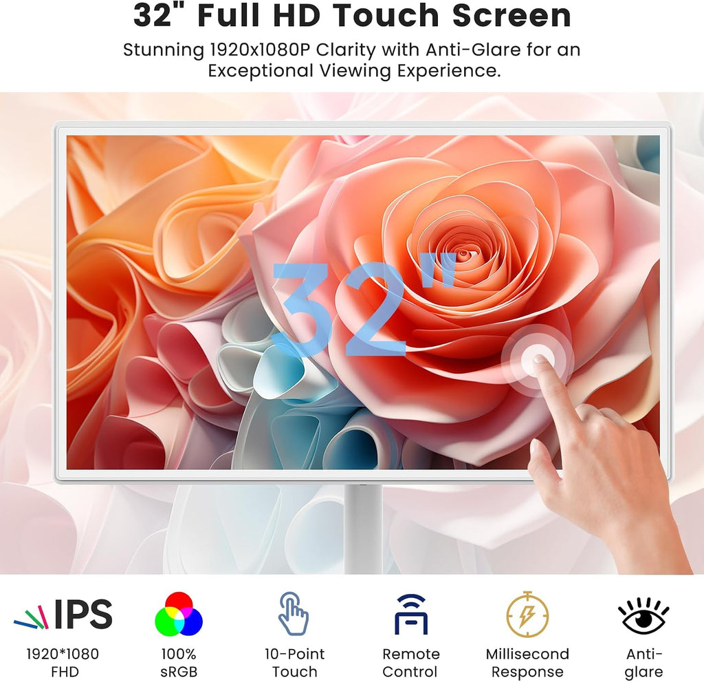 BIGASUO 32' Smart Portable TV on Wheels, 1080P FHD Touchscreen Monitor, 8GB RAM 128GB ROM, Android 13 OS, Rolling TV with Built-in 6H Battery, Full Swivel Rotation, Remote Control, White Design