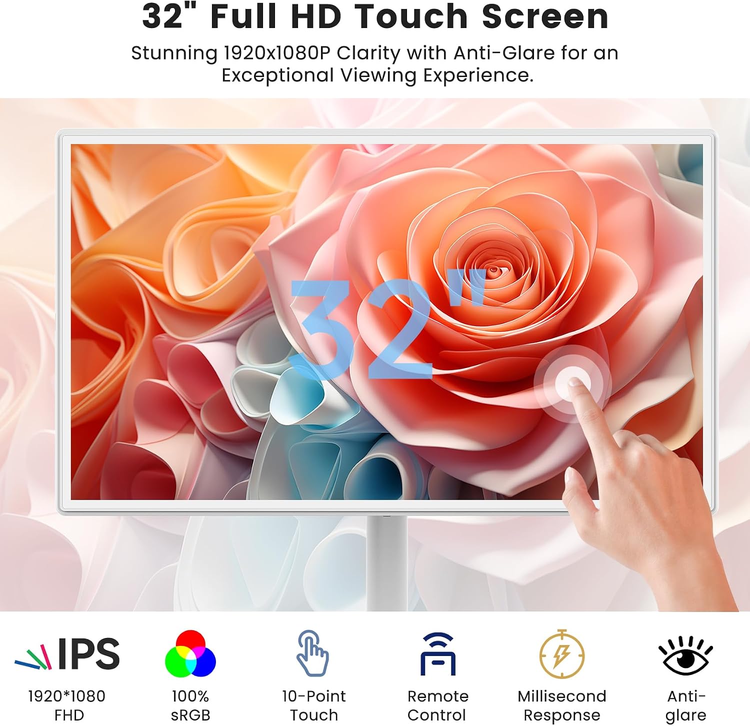 BIGASUO 32' Smart Portable TV on Wheels, 1080P FHD Touchscreen Monitor, 8GB RAM 128GB ROM, Android 13 OS, Rolling TV with Built-in 6H Battery, Full Swivel Rotation, Remote Control, White Design