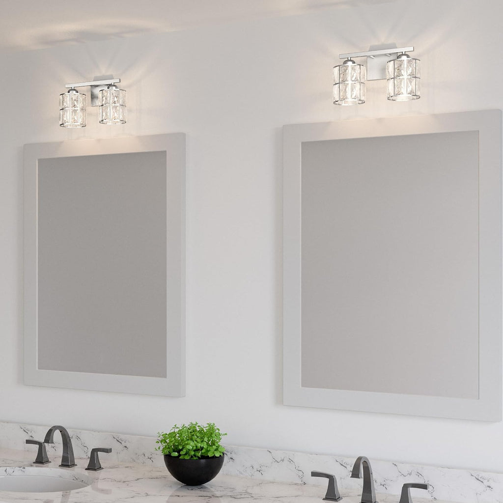Quoizel Gibson Bath Vanity Lights, 13 Inch 2-Light Polished Chrome Bathroom Lighting Fixtures Over Mirror, Clear Beveled Crystal Shade, Contemporary Wall Mount Light for Bathrooms, Kitchen or Hallway