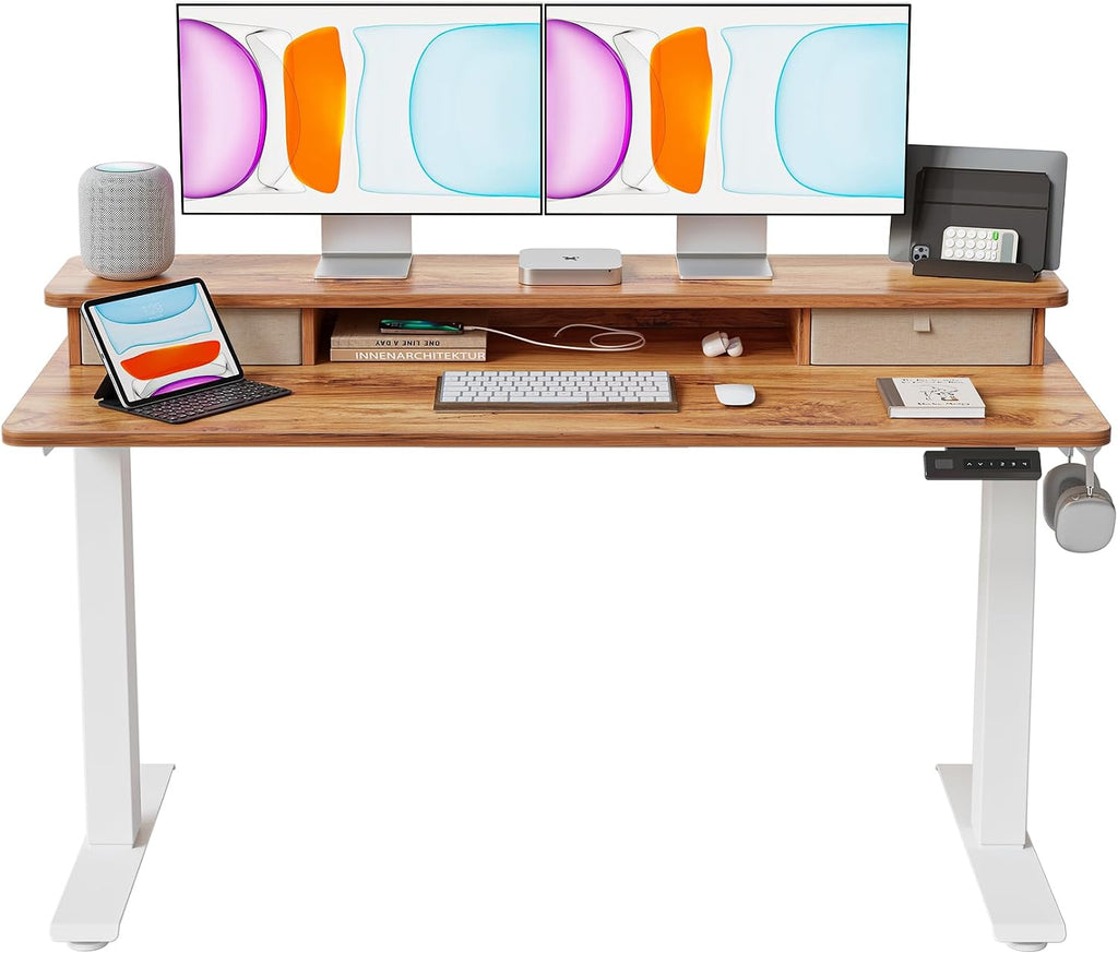 BANTI 55x24 Inch Electric Standing Desk with Dual Drawers, Height Adjustable Stand Up Table, Sit Stand Home Office Desk with Storage Shelf, White Frame/Light Rustic Brown Top