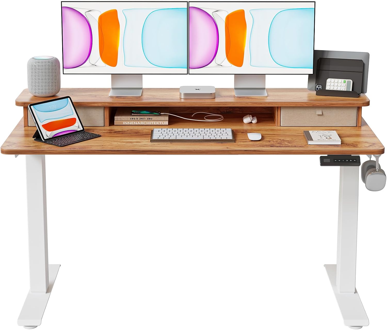BANTI 55x24 Inch Electric Standing Desk with Dual Drawers, Height Adjustable Stand Up Table, Sit Stand Home Office Desk with Storage Shelf, White Frame/Light Rustic Brown Top