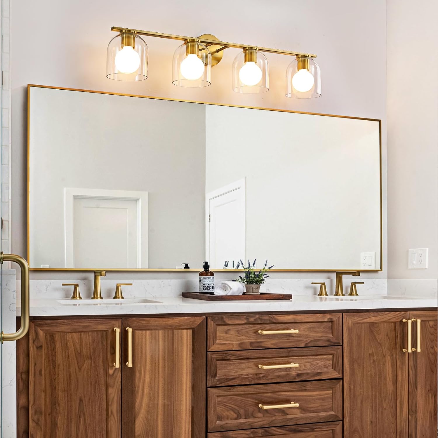 WOSHITU Bathroom Vanity Light Fixtures: 32.3 Inch Modern Brushed Gold Bathroom Light Fixtures Over Mirror with Clear Glass Shade, 4-Light Bathroom Lights Above Mirror