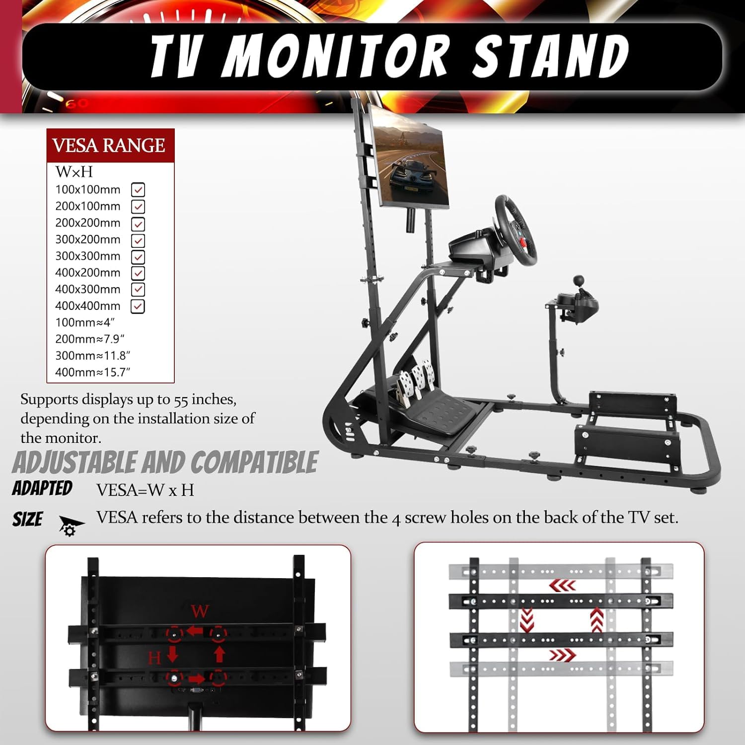 Supllueer Racing Simulator Cockpit Wheel Stand with Monitor Stand Fit for Logitech G27 G29 G920 GPRO,for Fanatec,for Thrustmaster,Sim Racing Cockpit with Monitor Stand, No Steering Wheel Pedal TV Seat