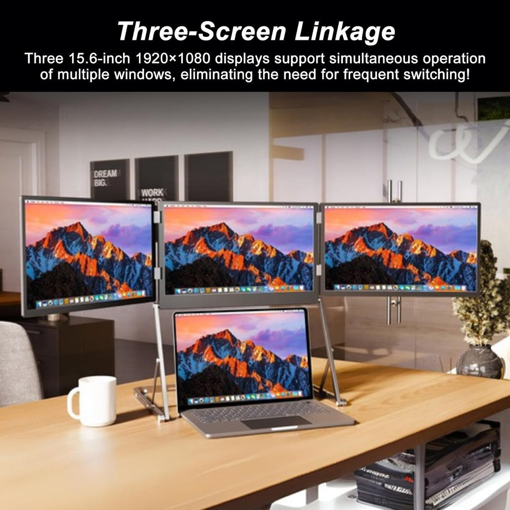 Laptop Monitor Extender with Adjustable Height, 15.6' Triple Portable Monitor for Laptop, Foldable IPS Screen, 100% sRGB, USB-C HDMI Connection, Includes Speakers