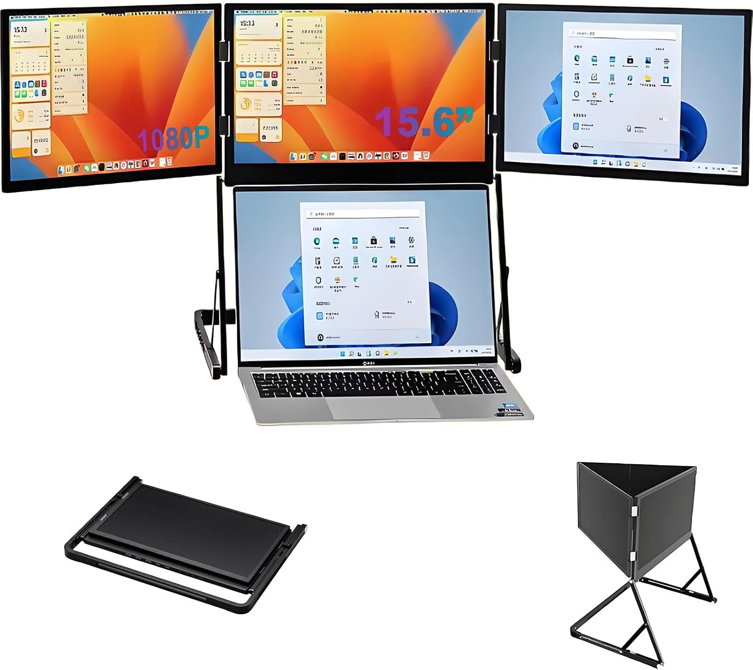 15.6' Laptop Screen Extender, 1080p Fhd Portable Triple Screen Laptop Monitor Extender, Type-C/HDMI/USB-C with 360° Rotation Adjustable Viewing Angles Compatible with Windows and Macos