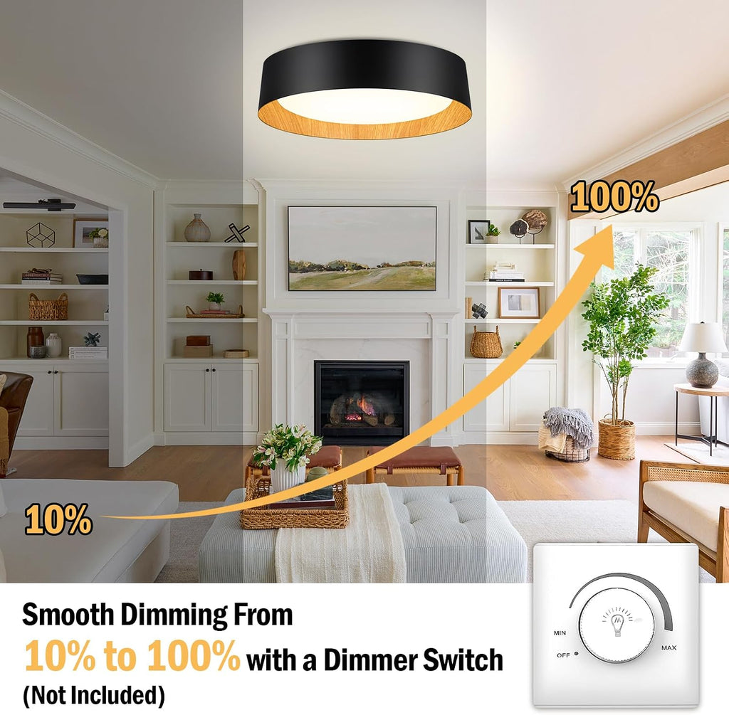 BrightHome 2-Pack 16in Flush Mount Ceiling Light, 3000LM 30W(300W Equiv), LED Ceiling Light Fixture 5CCT 2700K 3000K 4000K 5000K 6000K, Dimmable Ceiling Lamp for Bathroom Hallway, Black and Wood