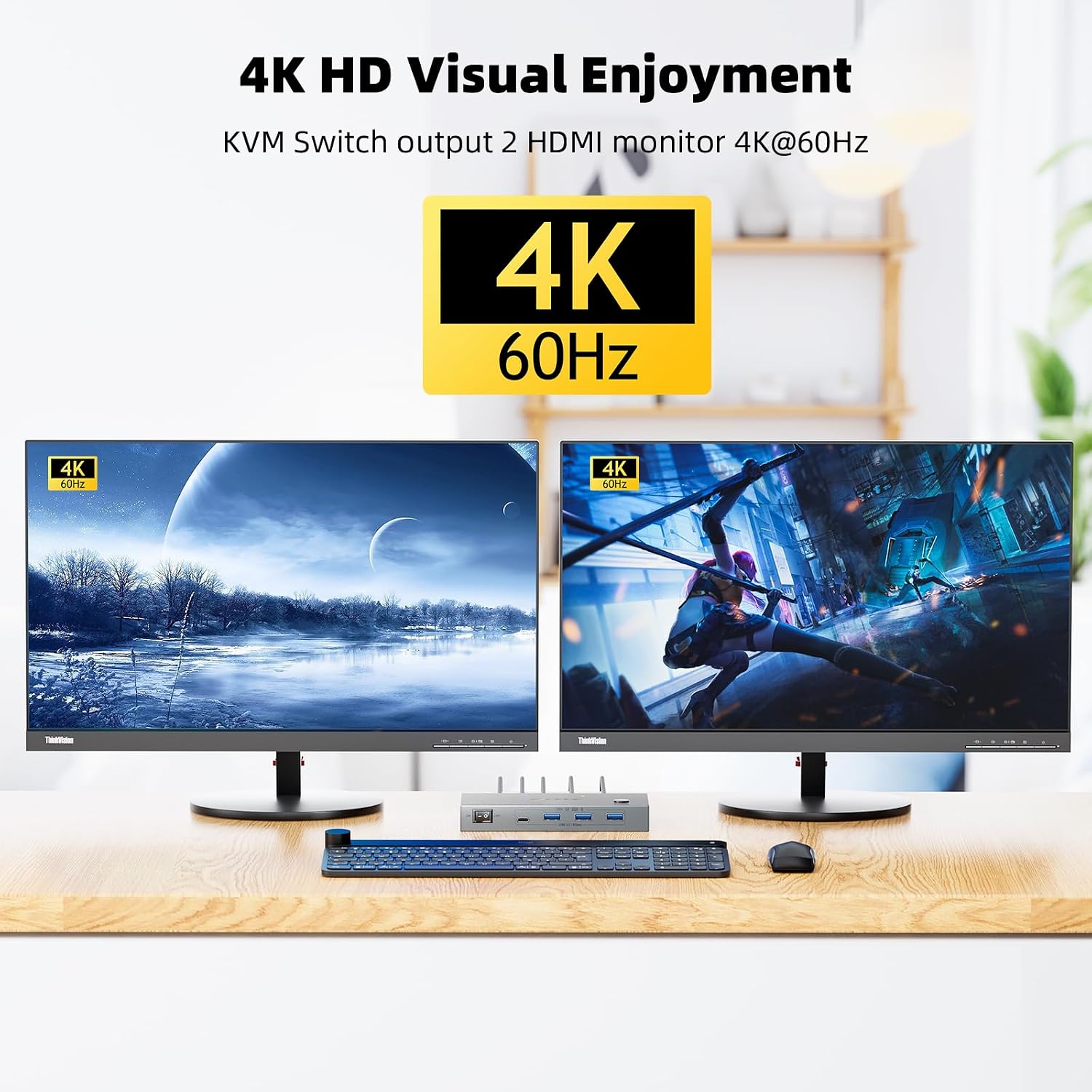 KCEVE KVM Switch 2 Monitors 2 Laptops USB C, KVM Switch Dual Monitor HDMI 4K@60Hz for 2 Laptops Share 4 USB 3.0 Devices with 80W PD, with 2 USB-C Cables and Wired Remote