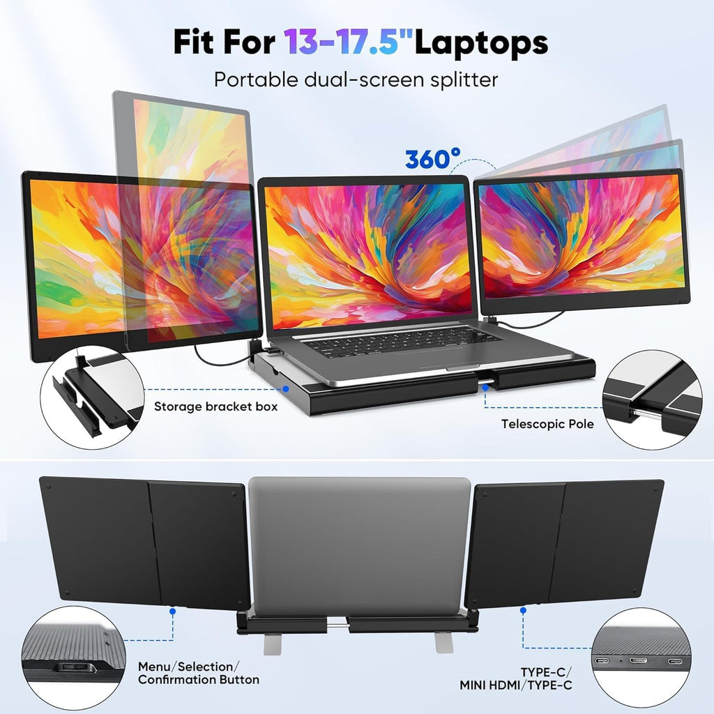 Laptop Screen Extender 14″ – Triple Portable Monitor with 360° Rotation, Detachable Dual Screens, Plug & Play External Display for Windows, Mac, Chrome, USB-C & HDMI Laptops