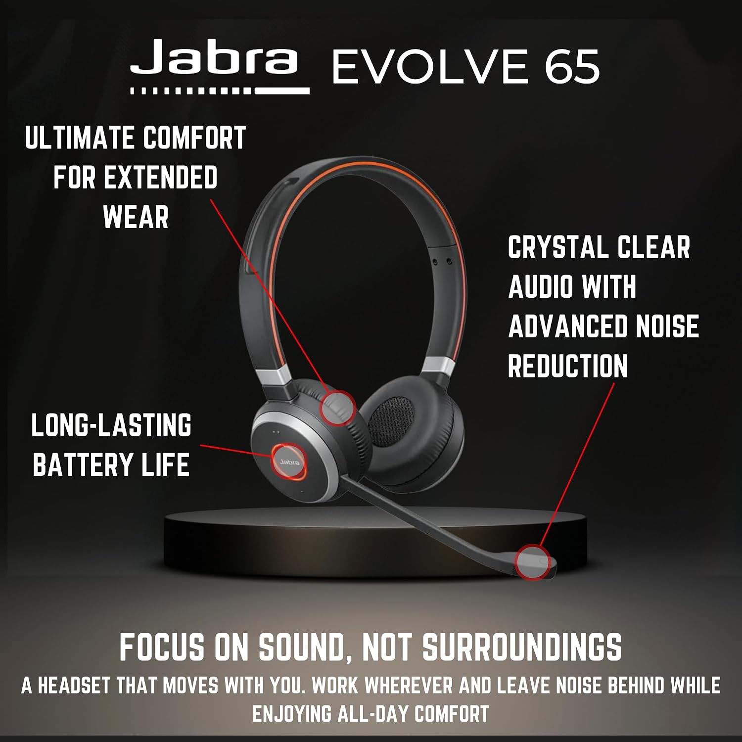 Jabra Evolve 65 Bluetooth Stereo Headset Bundle, MS Version, Two Mic Cushions, USB Dongle, Charging Stand, Compatible for Skype for Business, Lync, Teams, Voice & Video Apps, Smartphones, Pc, Mac