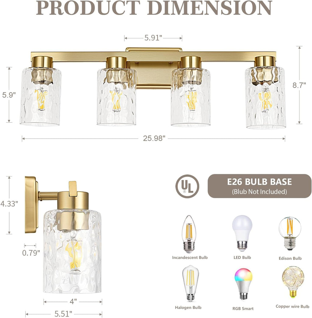 4-Light Bathroom Light Fixtures Modern Gold Vanity Lights with Water Ripple Glass Wall Sconces Over Mirror for Bathroom, Powder Room, Living Room