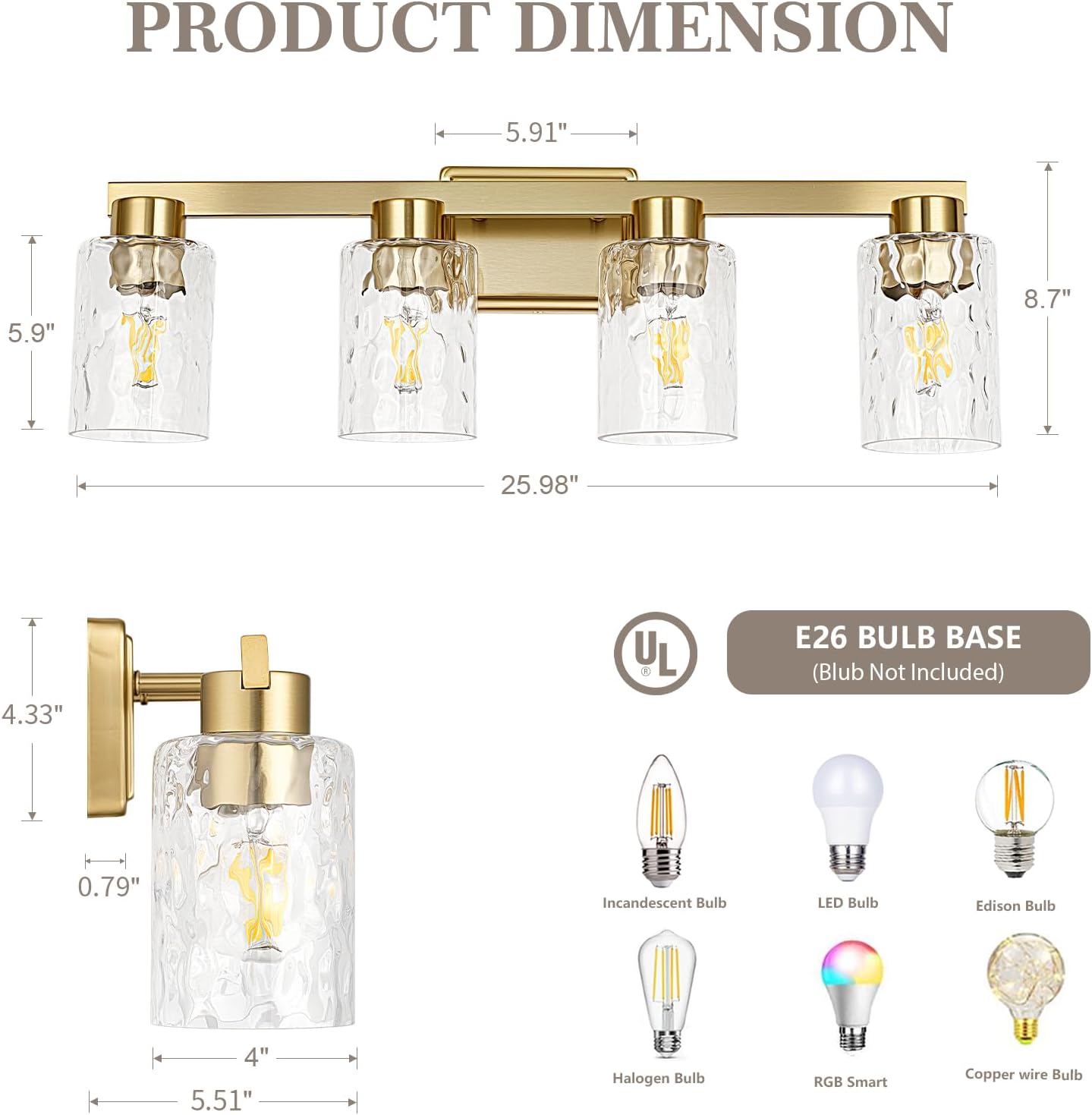 4-Light Bathroom Light Fixtures Modern Gold Vanity Lights with Water Ripple Glass Wall Sconces Over Mirror for Bathroom, Powder Room, Living Room