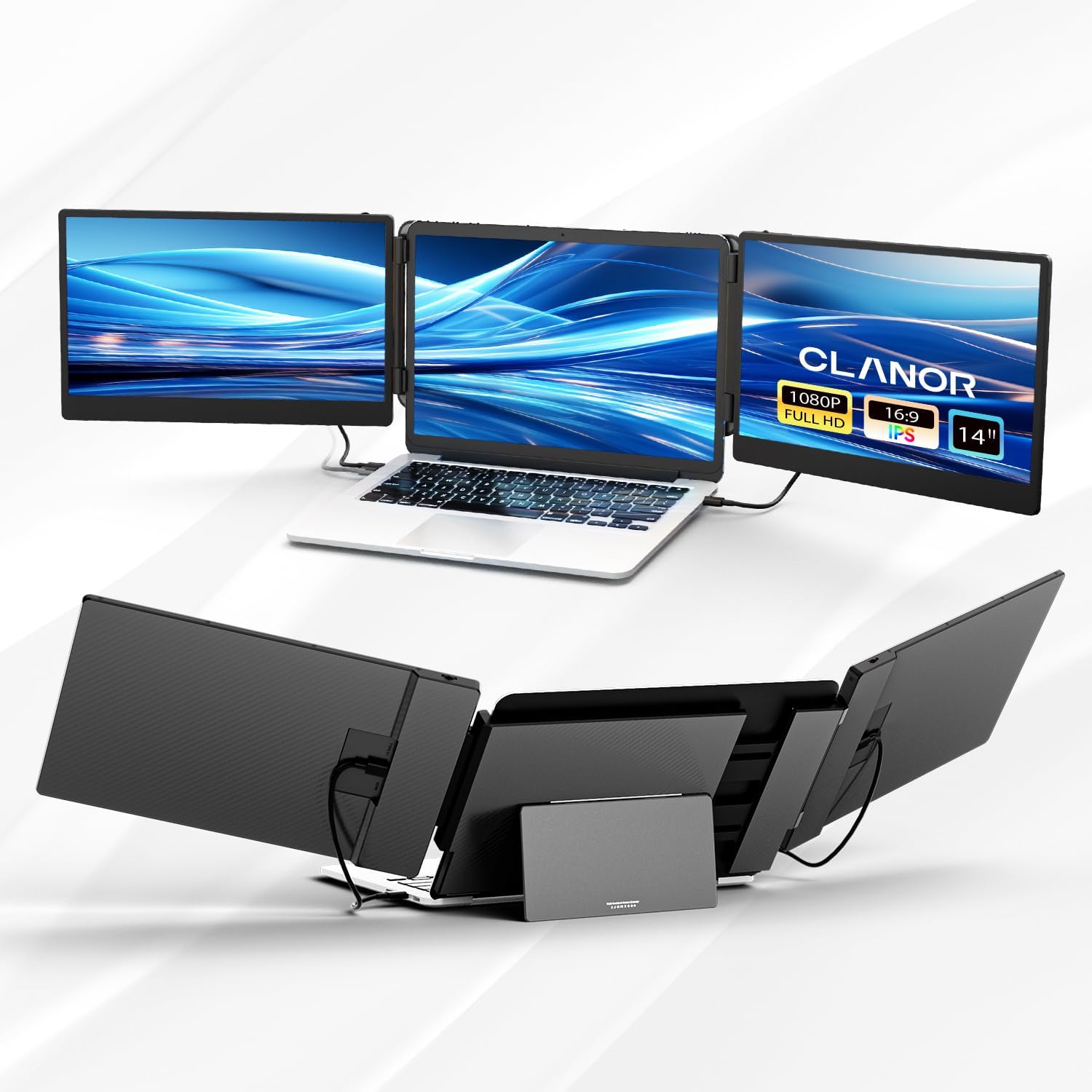 PAJEM S3 Dual Laptop Screen Extender, 14'' Triple Portable Monitor for Laptop Plug and Play, 1080P FHD IPS Monitor Extender for 13''-17'' Laptops Compatible with Mac/Wins/Android/Dex