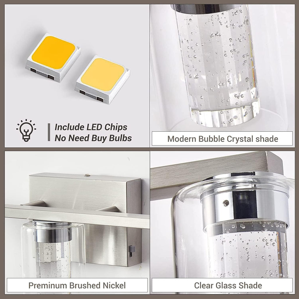 Bathroom Light Fixtures, 5 Light Brushed Nickel Bathroom Vanity Light Over Mirror, 3 Color LED Vanity Lights with Crystal Bubble Glass, Dimmable Wall Sconce Lighting for Bathroom，Living Room