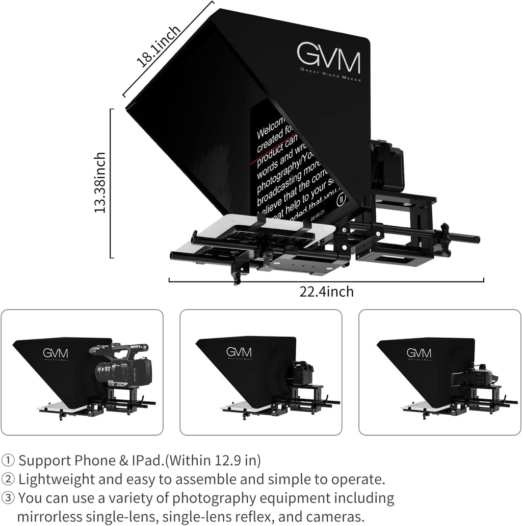 GVM Teleprompters for ipad Tablet DSLR Camera Portable 18'' Teleprompter Kit with Remote Control & App,Solid Aluminum Constructions,Colorless Spectroscope,Ultra HD Wide-Angle Lens