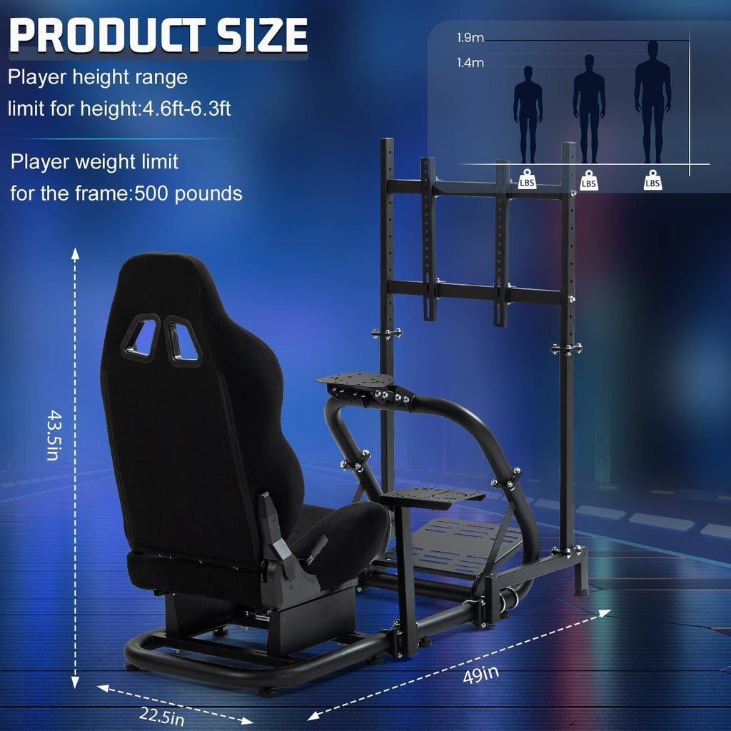 Marada Racing Simulator Cockpit with Monitor Stand Fit for Thrustmaster T500 T3PA,for PXN,for Logitech G923 G920,for FANTEC,Stable Strong Driving Cockpit with Black Seat,Not Included Wheel and Pedal