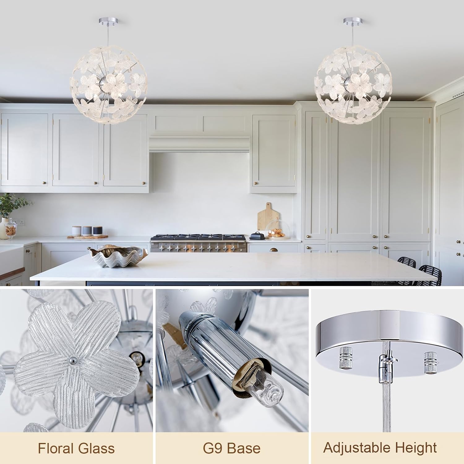 Modern Flower Chandelier Spherical Glass Pendant Light Fixture Height Adjustable Hanging Lamp Semi Flush Mount Ceiling 9 Light for Dining Room, Living Room, Bedroom, Hallway, Kitchen, Foyer