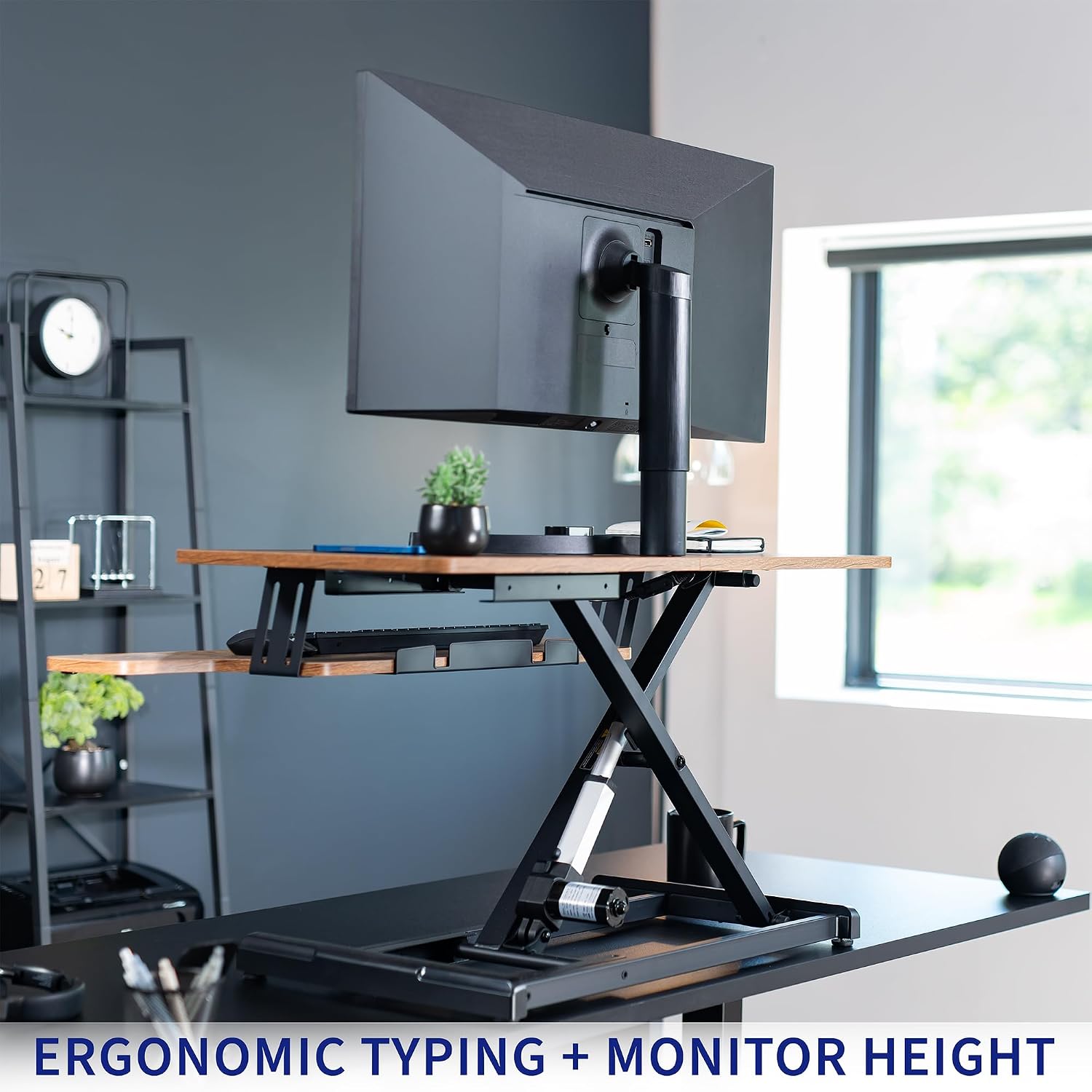 VIVO 36 inch Electric Motor Desk Converter, Height Adjustable Riser, Sit to Stand Dual Monitor and Laptop Workstation with Wide Keyboard Tray, Vintage Brown, DESK-VE36N