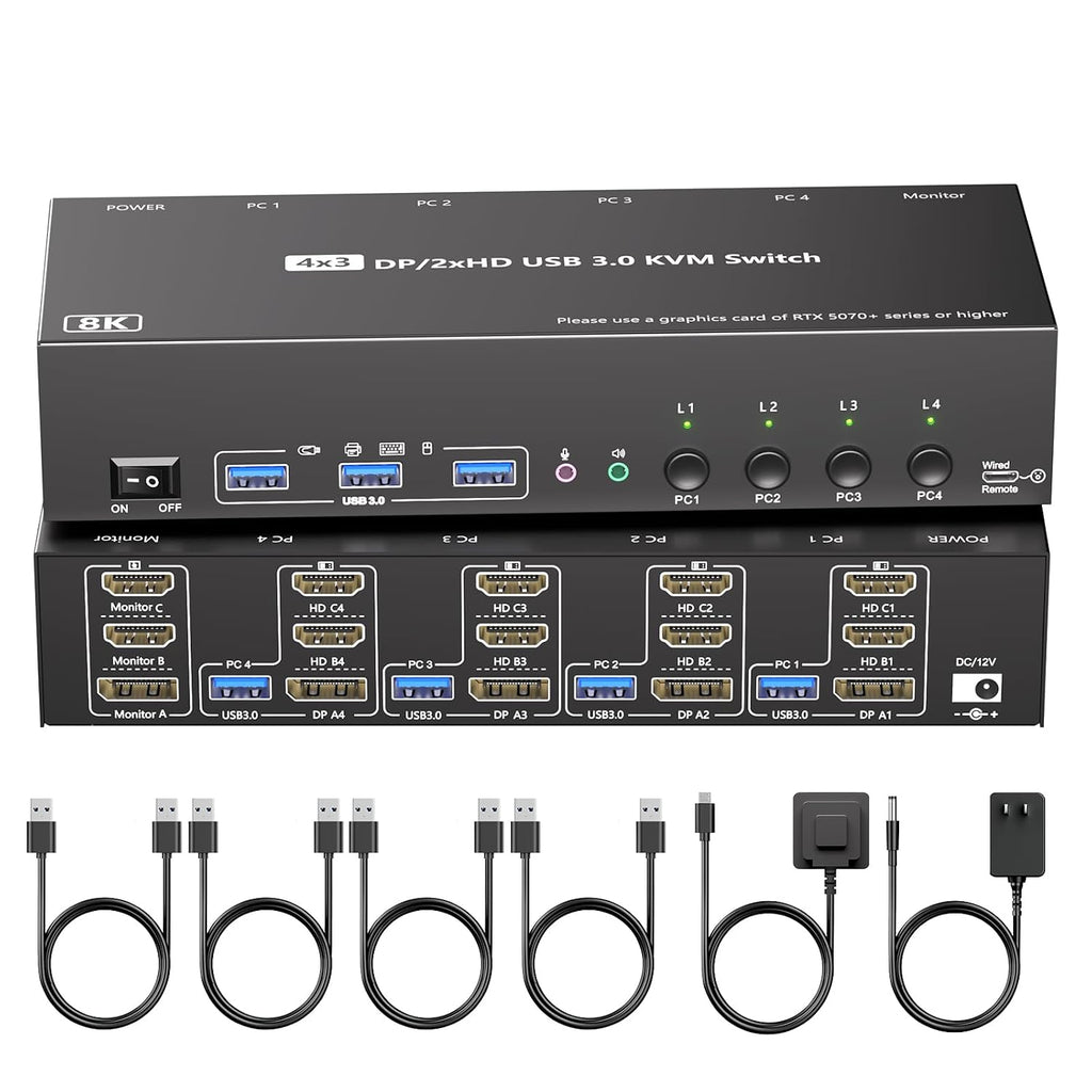 KVM Switch 3 Monitors 4 Computers with Audio, HDMI + DisplayPort 8K@30Hz/4k@144Hz DP KVM Switcher, USB 3.0 KVM Switches for 4 PC Share 3 Display, Suitable for Office/Work from Home, Programmer Setup