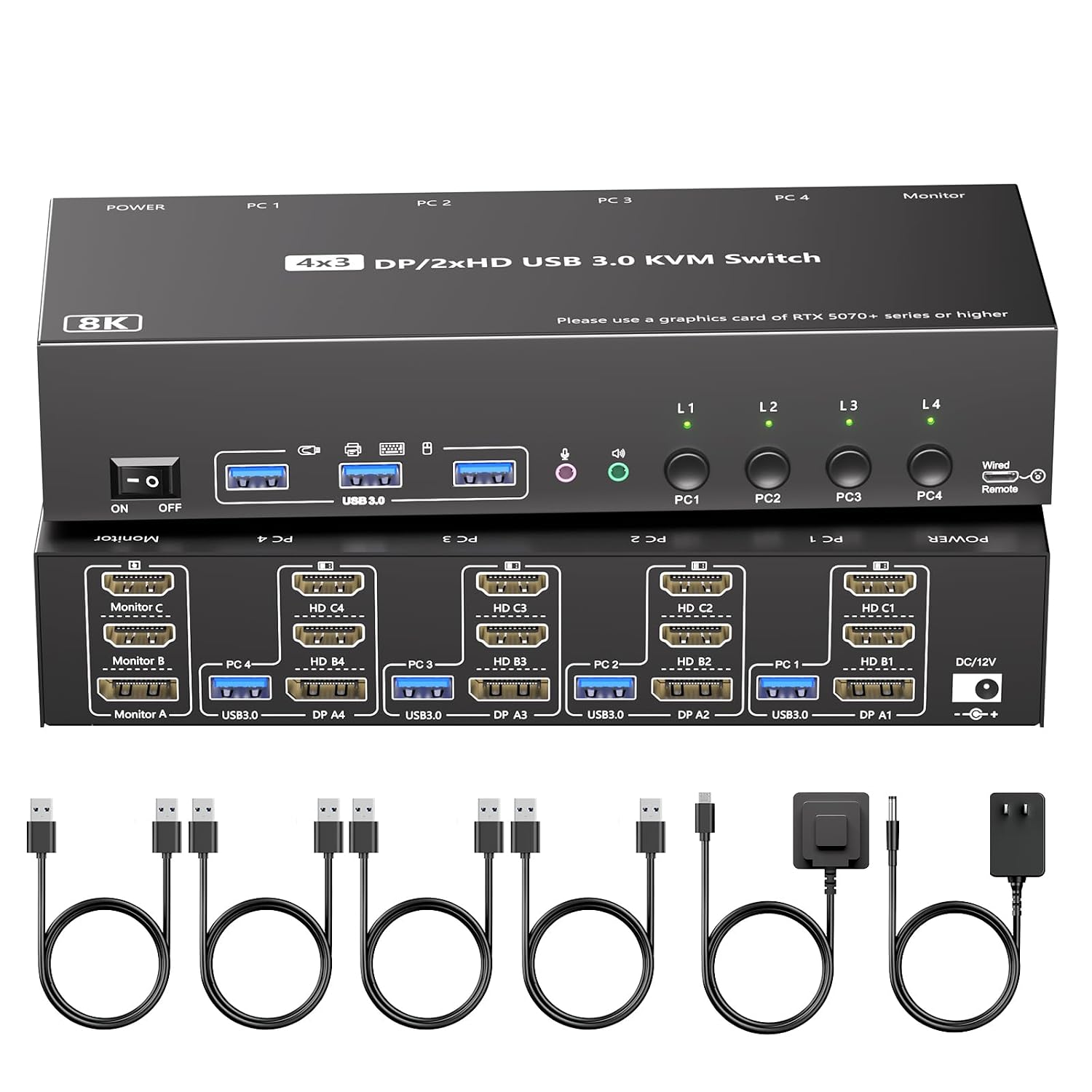 KVM Switch 3 Monitors 4 Computers with Audio, HDMI + DisplayPort 8K@30Hz/4k@144Hz DP KVM Switcher, USB 3.0 KVM Switches for 4 PC Share 3 Display, Suitable for Office/Work from Home, Programmer Setup
