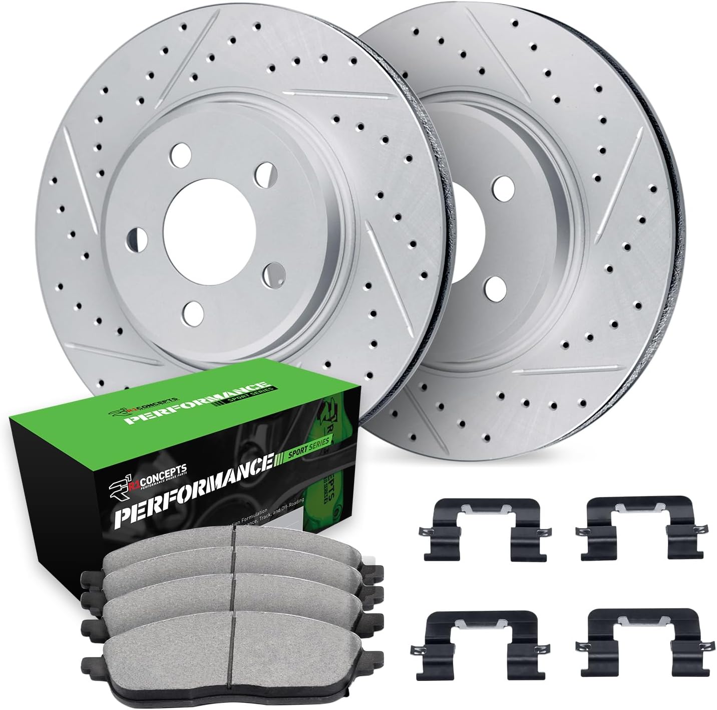 R1 Concepts Front Brake Kit Fits 2006-2011 Honda Civic| Performance Sport Pads, Drilled Slotted Rotors| Hardware| 10.3' Front
