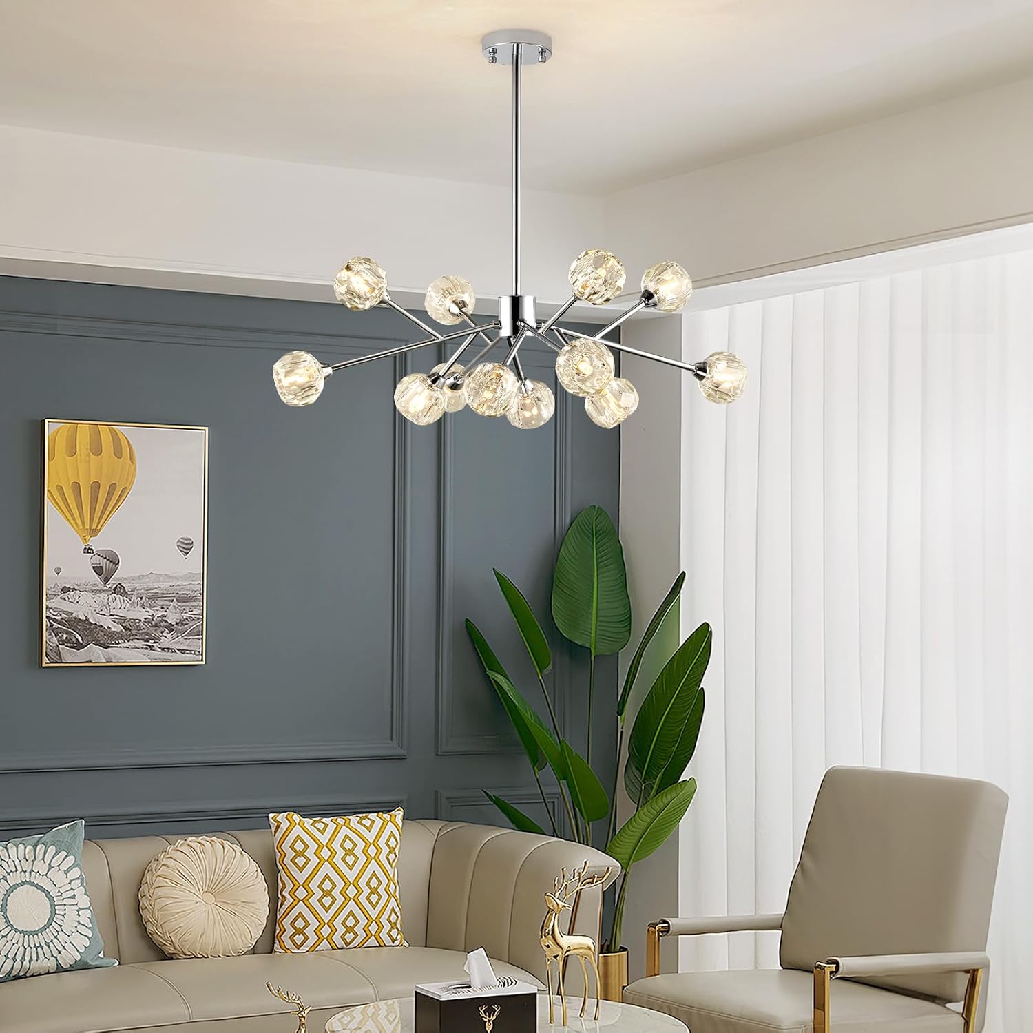 Weesalife Sputnik Chandeliers for Dining Room Light Fixture Over Table, Modern Crystal Chandeliers, 12 Lights Chrome Lighting Fixtures for Living Room Bedroom Kitchen Island Bar