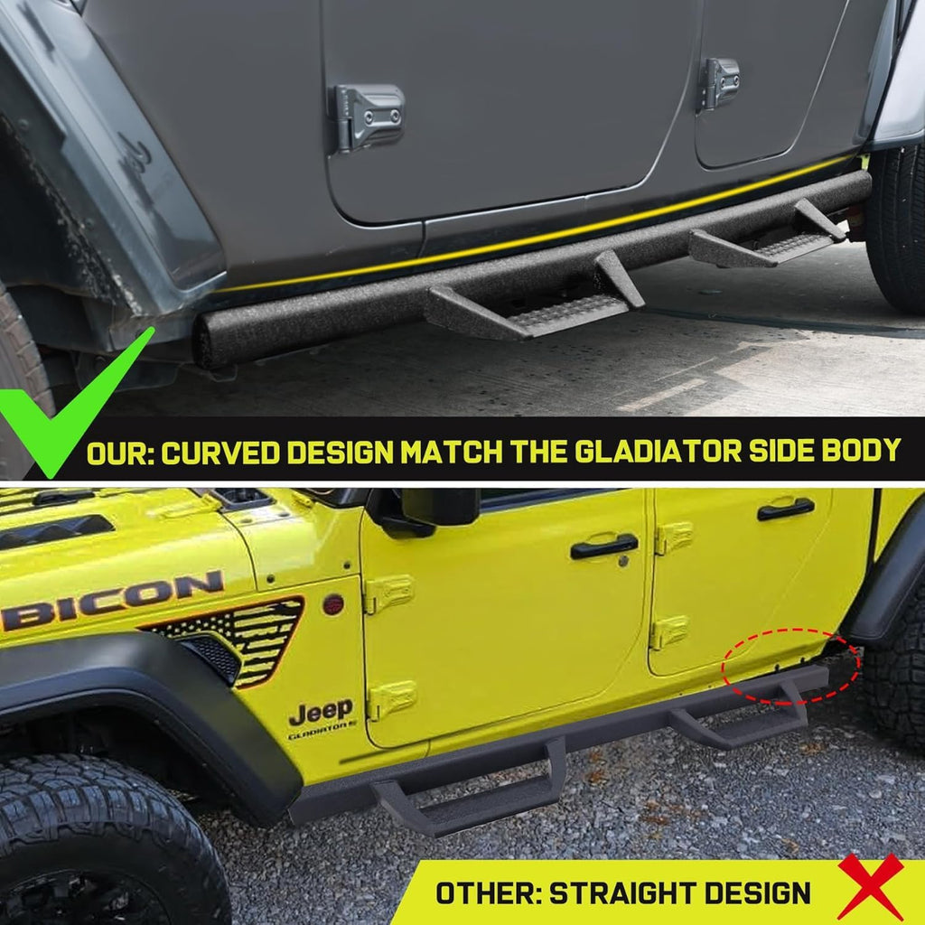 BINARY STAR Curve Design Running Boards Compatible with Vehicle 2020-2026 Jeep Gladiator Jt 4 Door, Rock Rails Sliders Drop Down Side Steps Made with Carbon Steel.