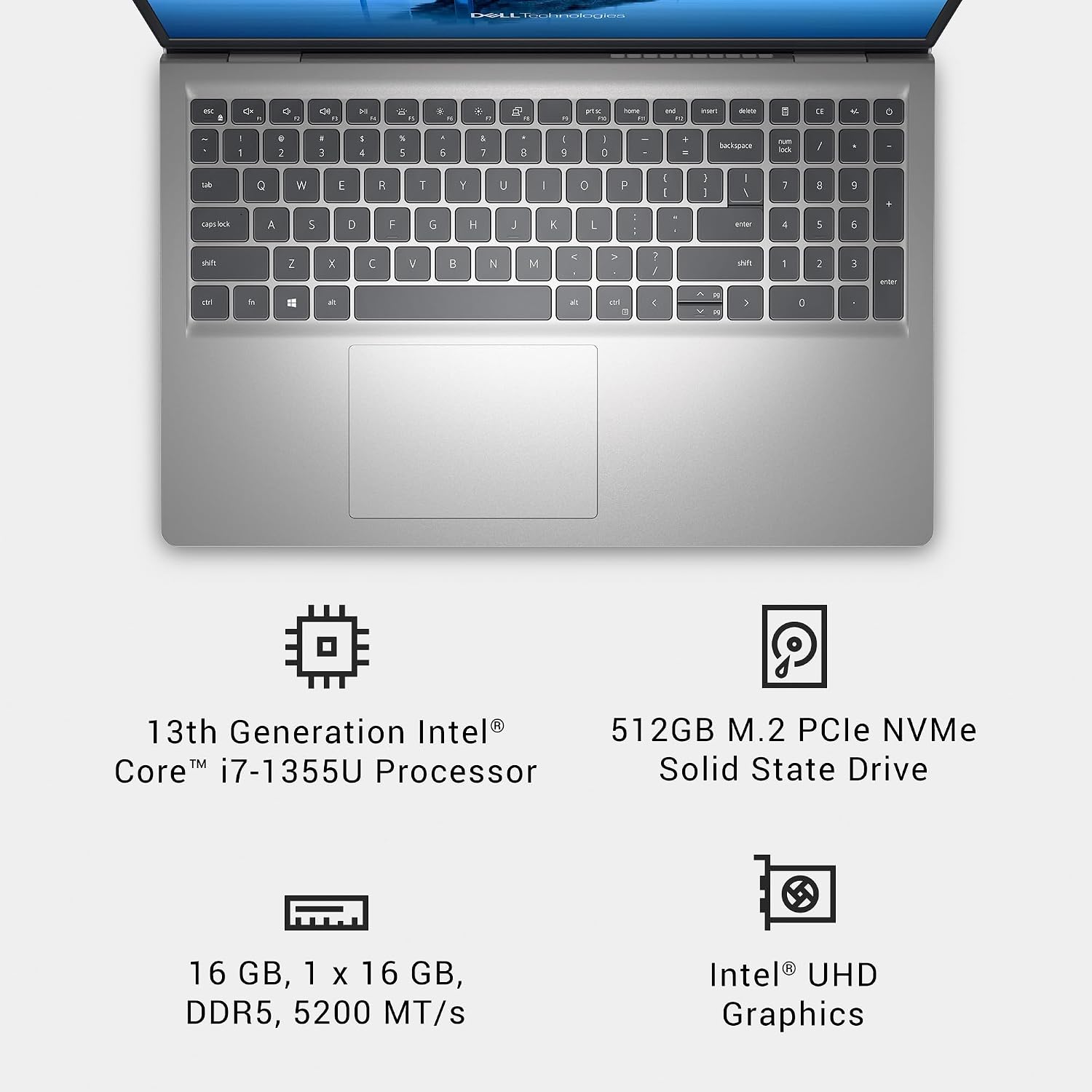 Dell 15 Laptop DC15250-15.6-inch FHD 120Hz Display, 13th Gen Intel Core i7-1355U, 16GB DDR5 RAM, 512GB SSD, Intel UHD Graphics, Windows 11 Home, 1 Year Basic Onsite Service - Platinum Silver