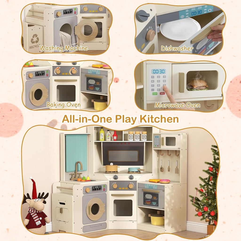 GLACER Corner Wooden Play Kitchen with Real Lights & Sounds, Pretend Kids Kitchen Playset with Trash Bin, Accessories, Dishwasher, Microwave Oven, Cooking Play Set for Toddlers Ages 3+ (Off White)