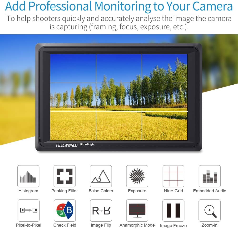 FEELWORLD FW279 7 Inch Ultra Bright 2200nit Daylight Viewable Full HD 1920x1200 IPS Panel DSLR On Camera Field Monitor 4K HDMI Input/Output Video Assist Peaking Focus