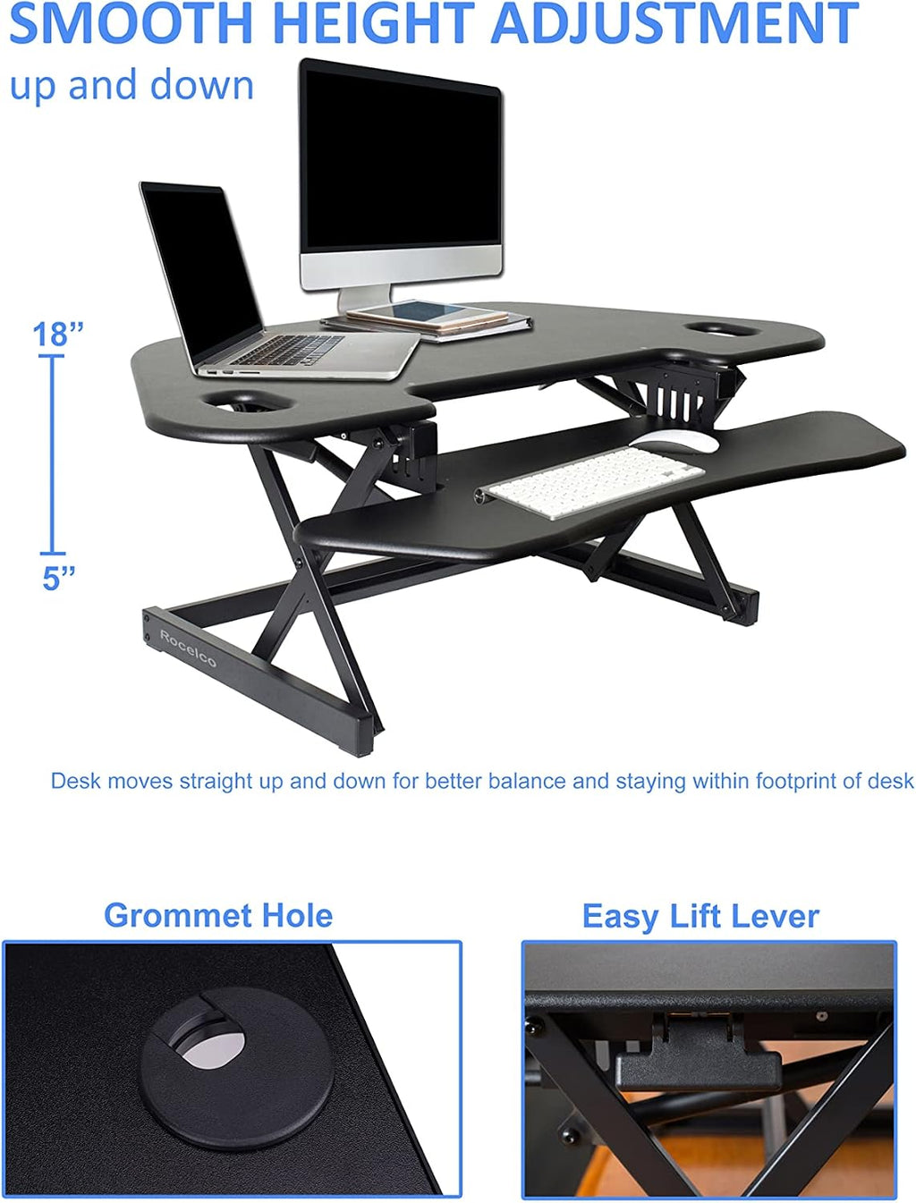 Rocelco 46' Height Adjustable Corner Standing Desk Converter with Dual Monitor Stand Bundle - Quick Sit Stand Up Computer Workstation Riser - Extra Large Keyboard Tray - Black (R CADRB-46-DMS)