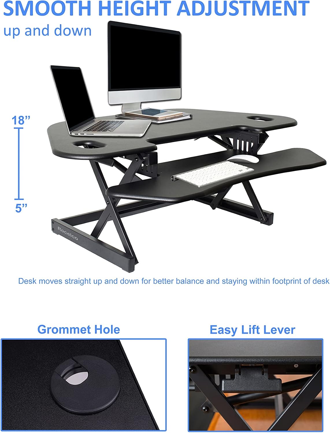 Rocelco 46' Height Adjustable Corner Standing Desk Converter with Dual Monitor Stand Bundle - Quick Sit Stand Up Computer Workstation Riser - Extra Large Keyboard Tray - Black (R CADRB-46-DMS)