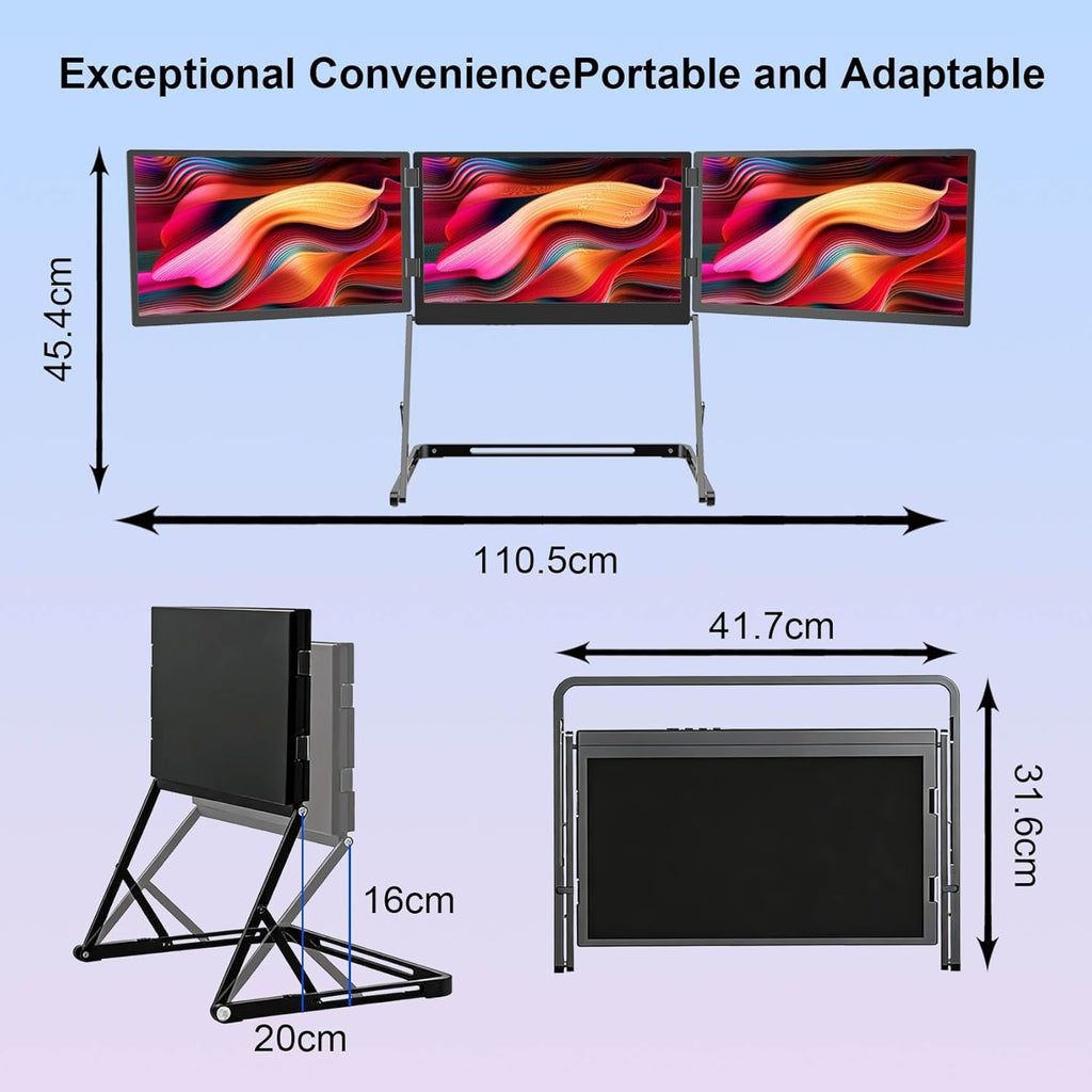 VSDISPLAY 15.6 Inch Portable Triple Monitor for Laptop 3 Screens Quad Monitor 1920x1080 IPS Laptop Screen Extender USB-C Displays Foldable