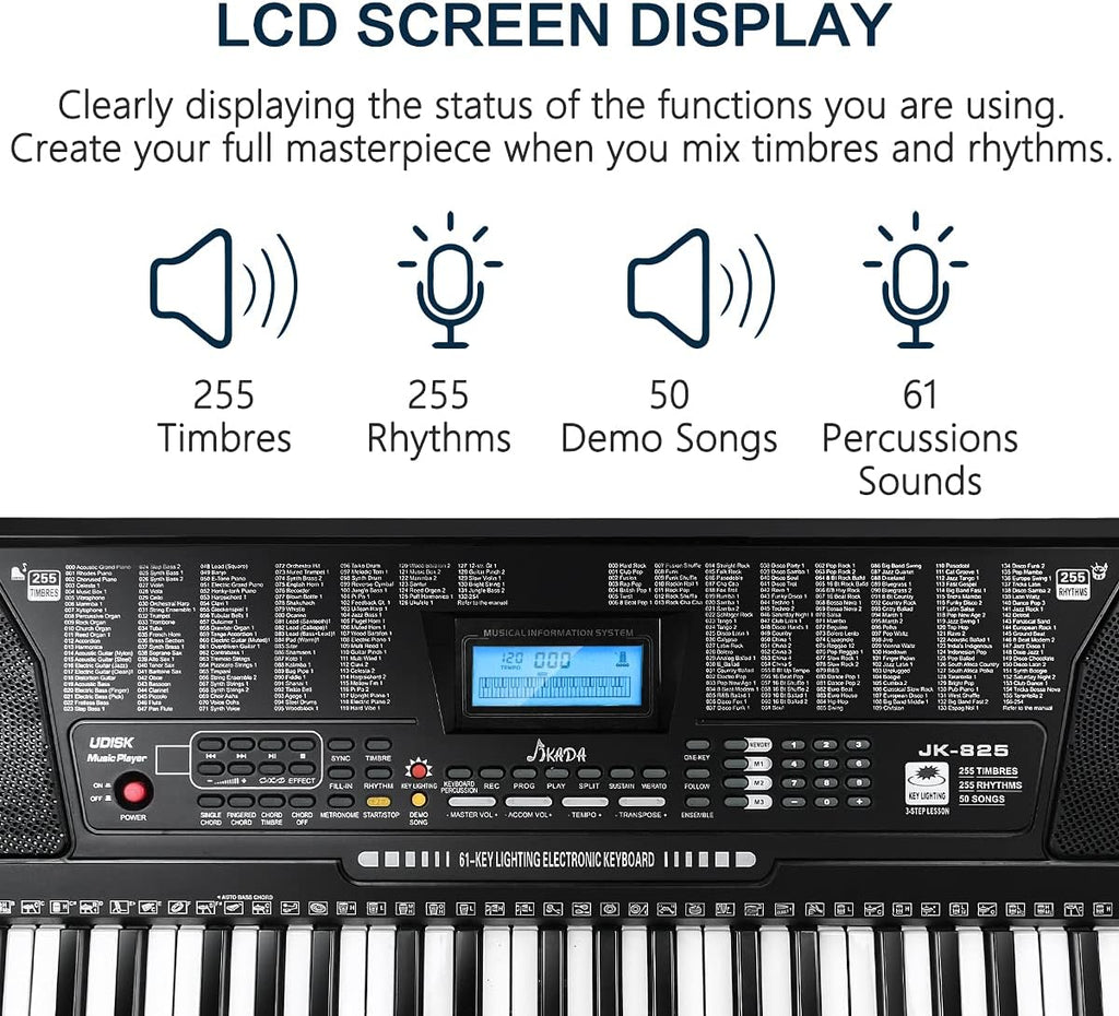 61 Key Portable Electronic Keyboard Piano w/Lighted Full Size Keys, LCD, Headphones, X-Stand, Stool, Music Rest, Microphone, Note Stickers, Built-In Speakers,3 Teaching Modes